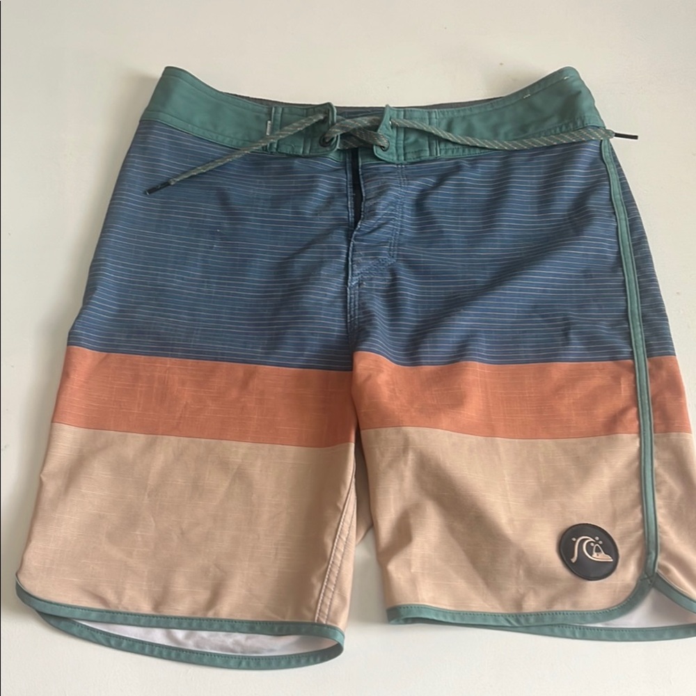 Quiksilver Blue and Orange Board Shorts with Retro Color Blocking